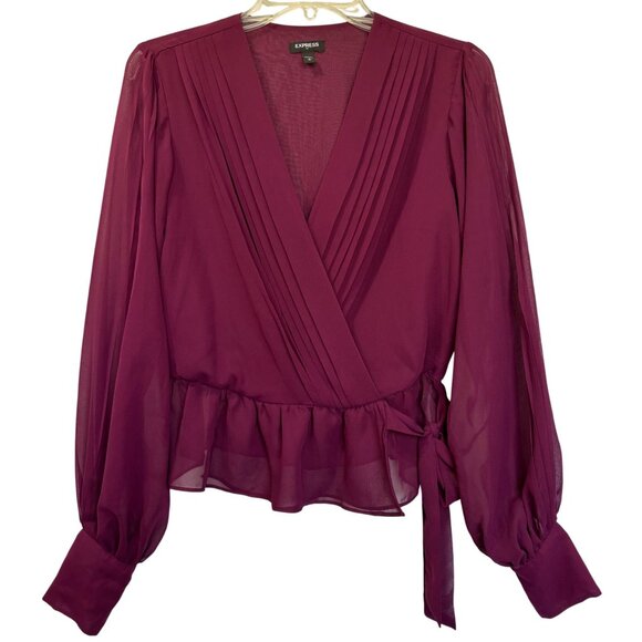 Express Womens Burgundy Flowy Wrap Blouse Small - Picture 1 of 9